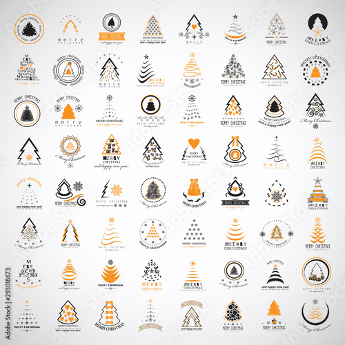 Abstract Christmas Tree Icons. Orange Silhouette Set - Isolated On Gray Background - Vector Illustration. Collection Of Xmas Tree Icons. Abstract Art. Flat Pictogram. Christmas Trees Modern Silhouette