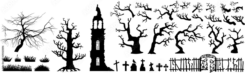 Εκτύπωση καμβά Halloween scareful trees, spooky branches, old church, graveyard objects, fence and gates