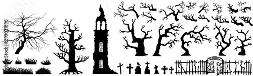 Halloween scareful trees, spooky branches, old church, graveyard objects, fence and gates. Black and whte simple hand drawn vector silhouettes set.