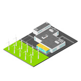 Isometric Industrial Factory Building Wind Farm Vector Illustration