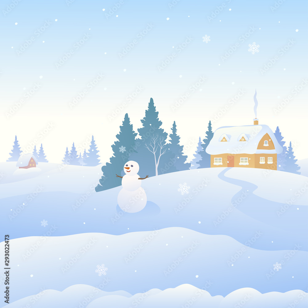 Vector cartoon illustration of cute snowman and snow covered village, snowy scene square background 