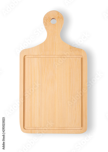 Wooden cutting board isolated on white background. Top view