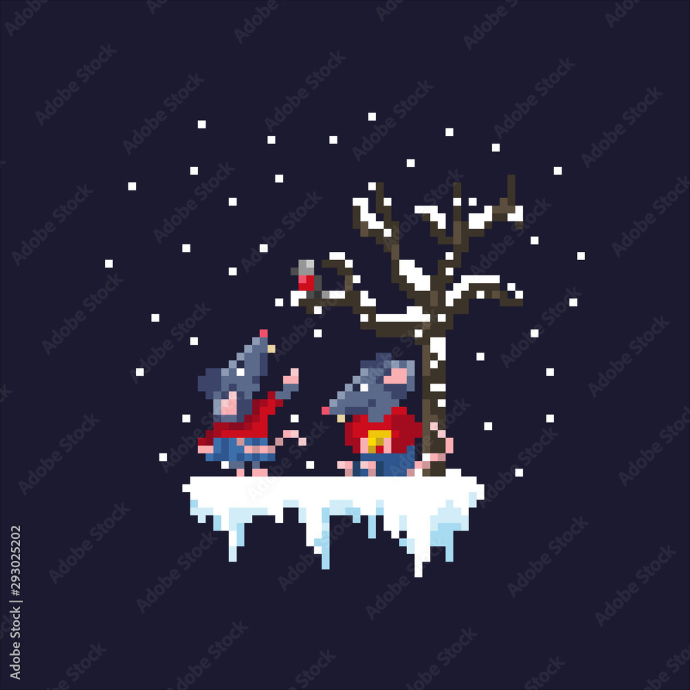 A pair of cute rats are walking under a snowfall near a tree. A pair of cute rats are walking under a snowfall near a tree.