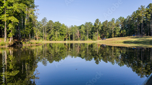 Mirror water reflections of blue sky and trees