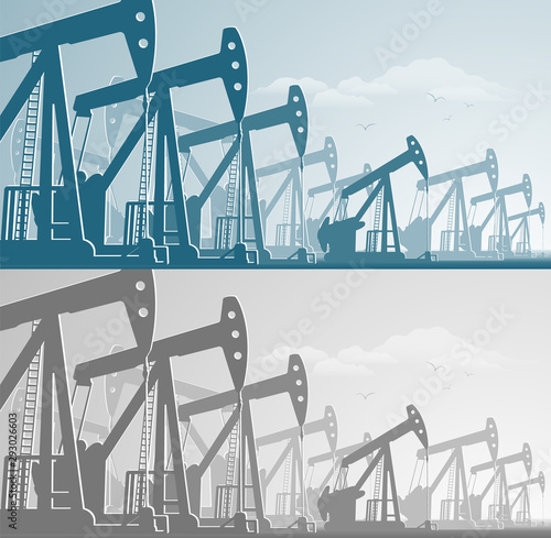 silhouette of working oil pumps , oil industry equipment