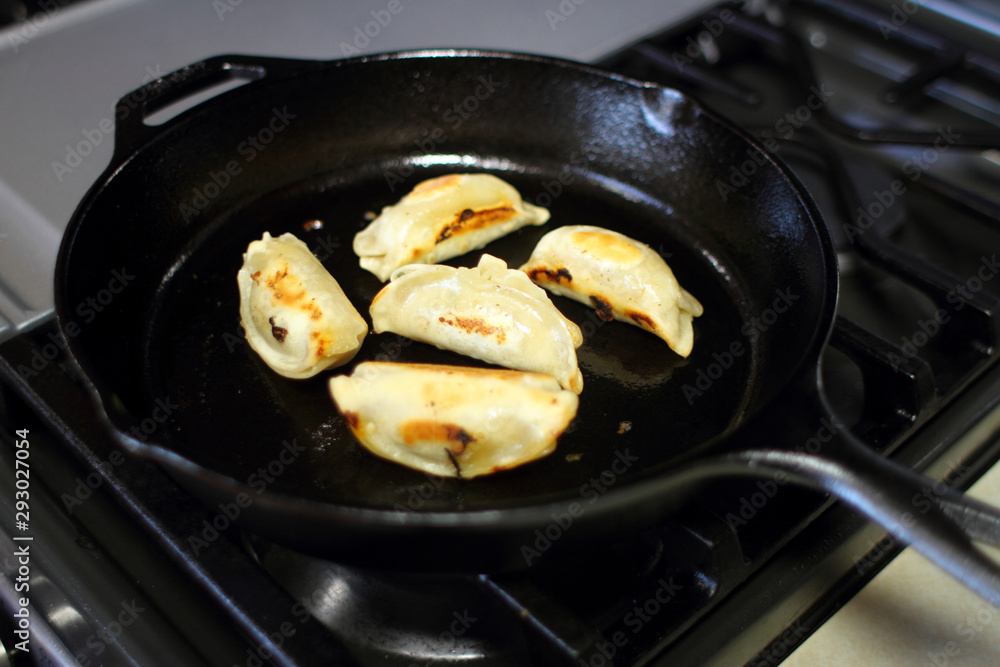 Pan fried dumplings in a cast iron skillet on the stove in a home kitchen. Pan fried dumplings in a cast iron skillet on the stove in a home kitchen.