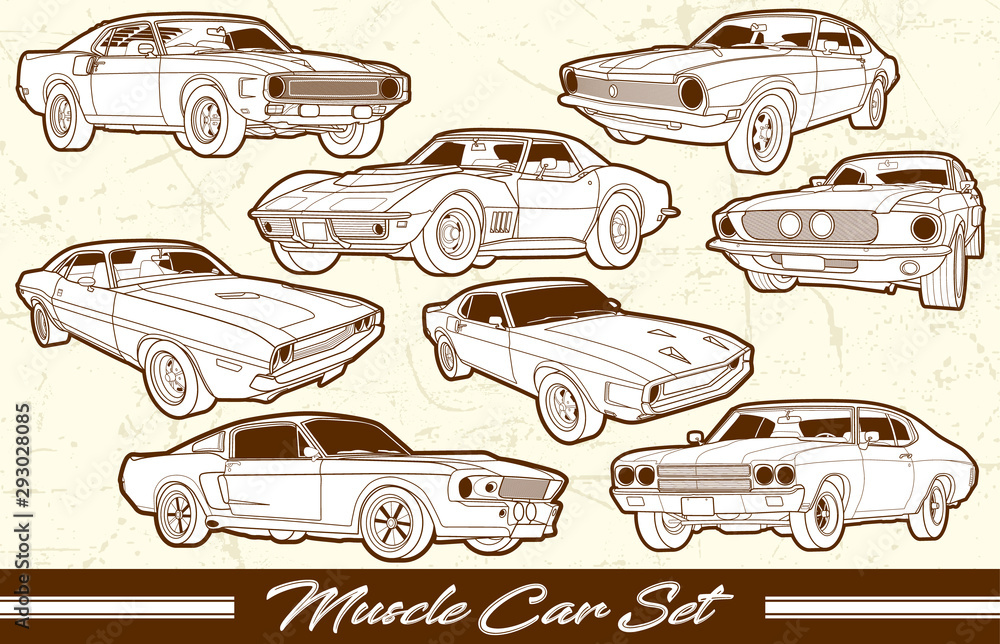 Fototapeta Muscle Car Set with scratch effect Background. This design is suitable for old style or classic car garage, shops, repair. Also for car tshirts, stamps and hot rods