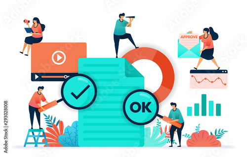 Paperwork flat vector design. Ok or yes on the video content or document submitted. Document statistics and business data for analysis. approve email. Decide on strategy and plan for company future.