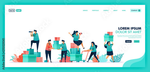 People help each other, Collect donations and funds to help others, Platform to volunteers collaborate for collect and distribute help box to disaster or poor victims. Flat illustration vector design.