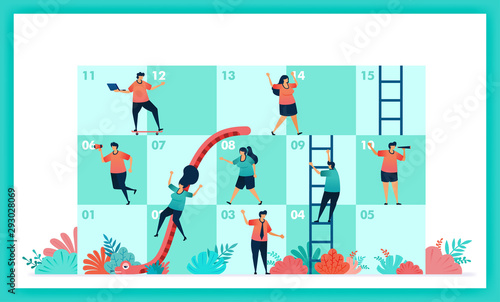 Vector design of Snakes and ladder in collaboration and teamwork. challenges in business. Player contributions teamwork to complete obstacles in snake and ladder game. Management in quiz and game