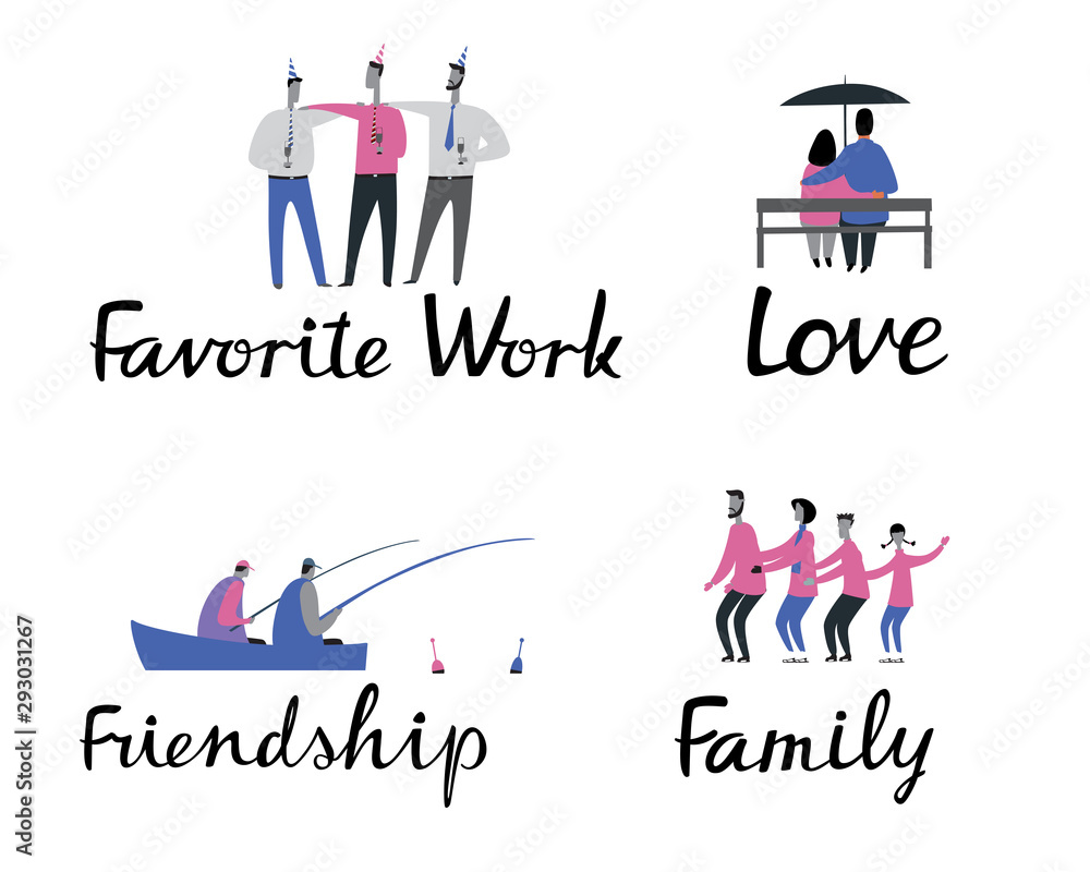 Themed vector stories. Love, Friendship, Favorite job, Family. Stylish drawings. Hand vector minimalistic graphics full color Themed vector stories. Love, Friendship, Favorite job, Family. Stylish drawings. Hand vector minimalistic graphics full color