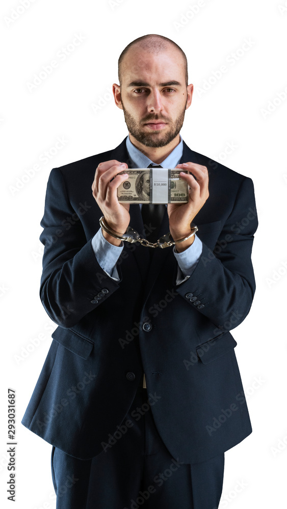 Politician Businessman holding money handcuffed white backgorund Politician Businessman holding money handcuffed white backgorund
