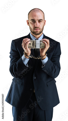 Politician Businessman holding money handcuffed white backgorund