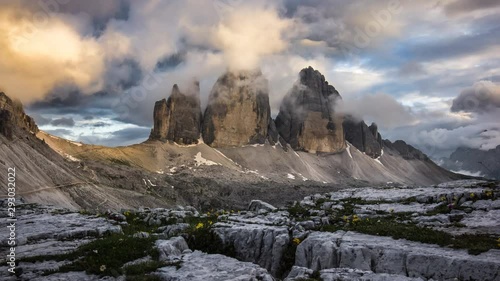 Sunset clouds timelapse over Tre Cime Lavaredo, South Tyrol, Italy, Europe
