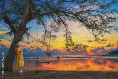 Oil painting - Young woman holding and using modern smart phone on the sunset,