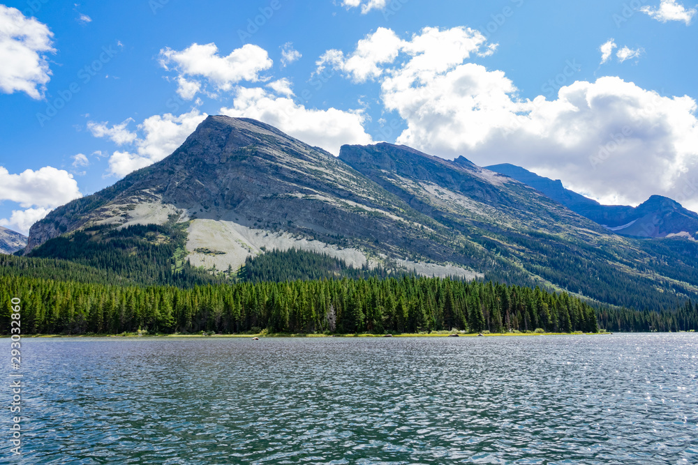 Beautiful landscape of Swiftcurrent Lake in the Many Glacier area of the famous Glacier National Park