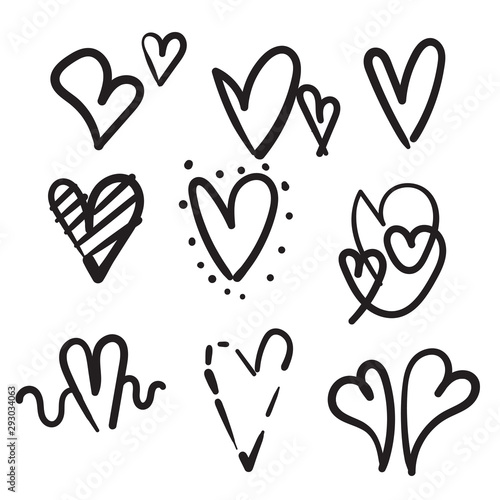 doodle hand drawn heart love icon illustration set
