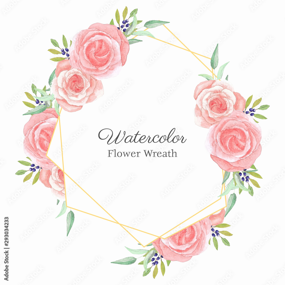 Watercolor pink rose flower wreath