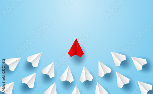 Different business concept.Red paper plane changing direction from white paper plane. new ideas. paper art style. creative idea. vector ,illustration.