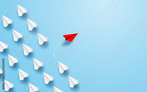 Different business concept.Red paper plane changing direction from white paper plane. new ideas. paper art style. creative idea. vector ,illustration.
