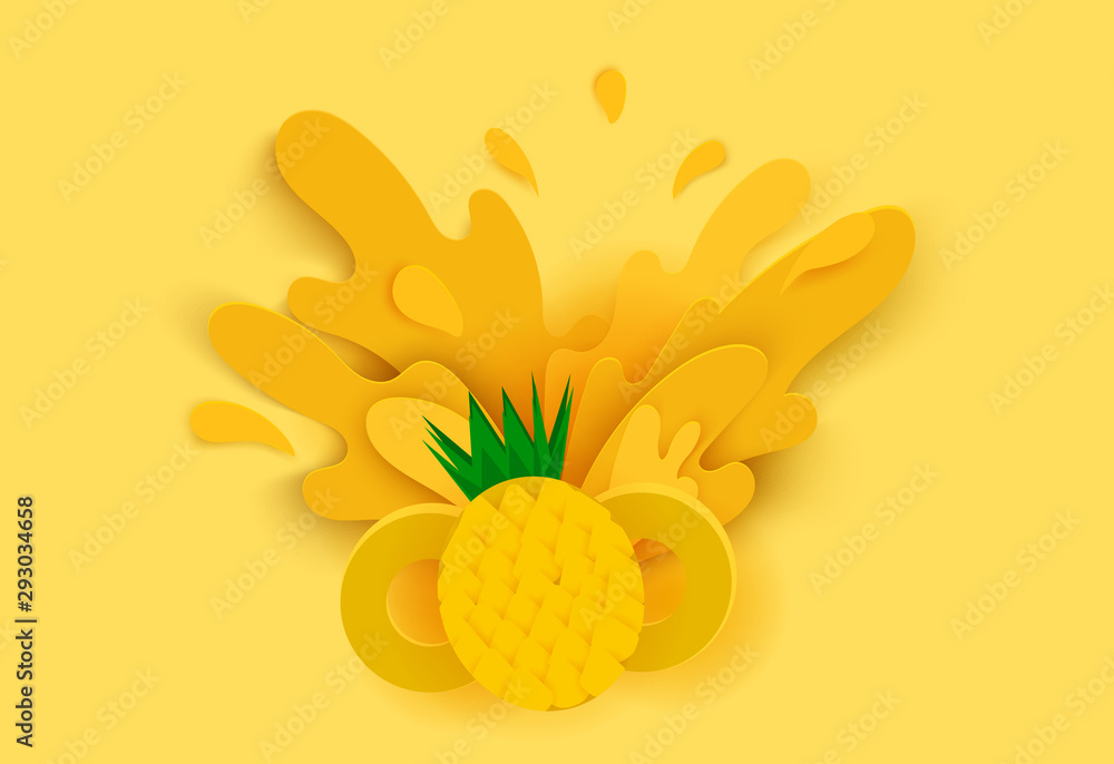 Fototapeta pineapple juice splashes and drops in a paper cut style. pineapple slices and paper slices. soft shadows and rich bright colors. stock vector illustration.