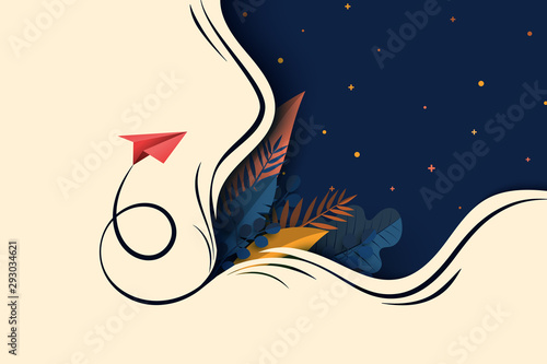 Red paper airplane flying on dark blue background with plants and leaf landing page website template.Business concept vector illustration.