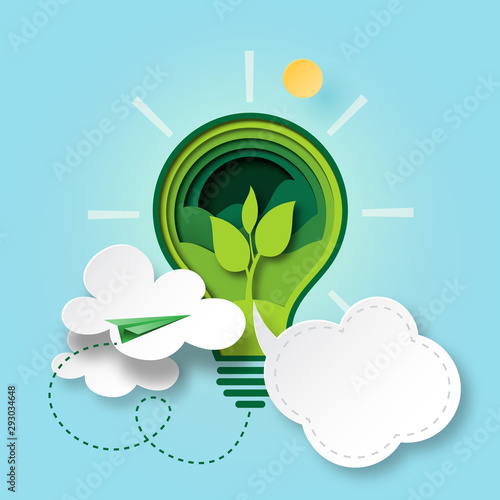 Paper cut of green ecology and environment conservation concept with seedling in light bulb and cloud bubble speech.Vector illustration.