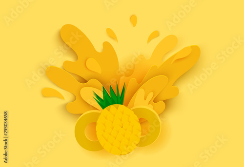 Fototapeta pineapple juice splashes and drops in a paper cut style. pineapple slices and paper slices. soft shadows and rich bright colors. stock vector illustration.