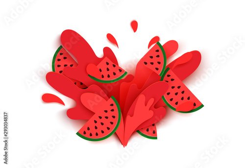 Watermelon juice splashes and drops in a paper cut style. Watermelon slices and paper slices. soft shadows and rich bright colors. stock vector illustration.
