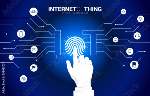 Businessman hand touch finger on Finger scan icon on center of IoT icon. Background concept for security and privacy technology on internet of Things