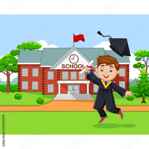 Cartoon graduation boy in front of school building