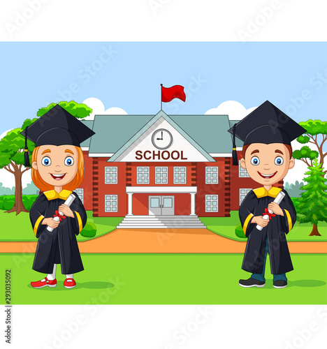 School kids graduation in front of school building