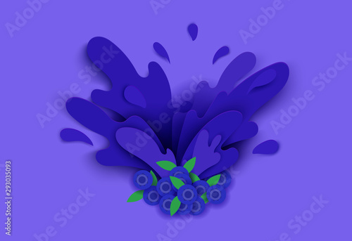 blueberries juice splashes and drops in a paper cut style. soft shadows and rich bright colors. stock vector illustration.