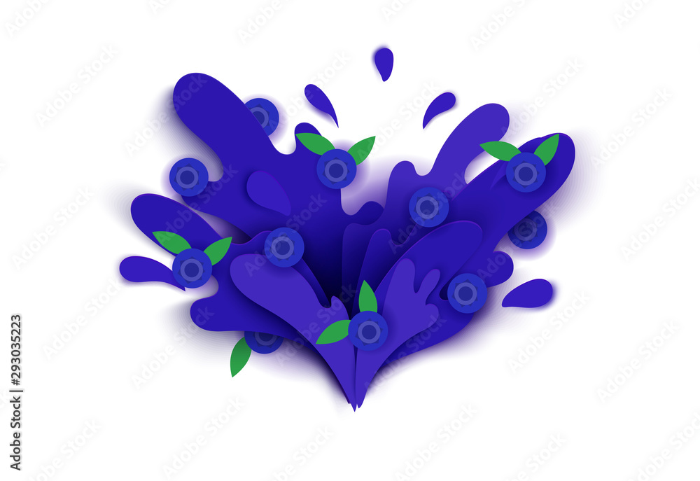 blueberries juice splashes and drops in a paper cut style. soft shadows and rich bright colors. stock vector illustration. blueberries juice splashes and drops in a paper cut style. soft shadows and rich bright colors. stock vector illustration.
