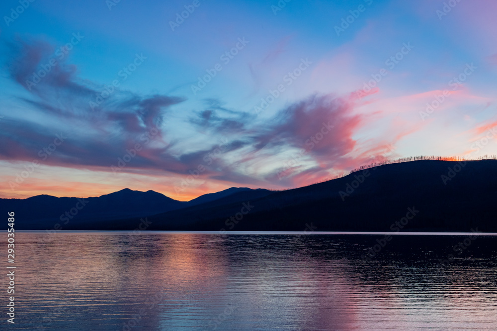 Beautiful sunset of the Lake Mcdonald