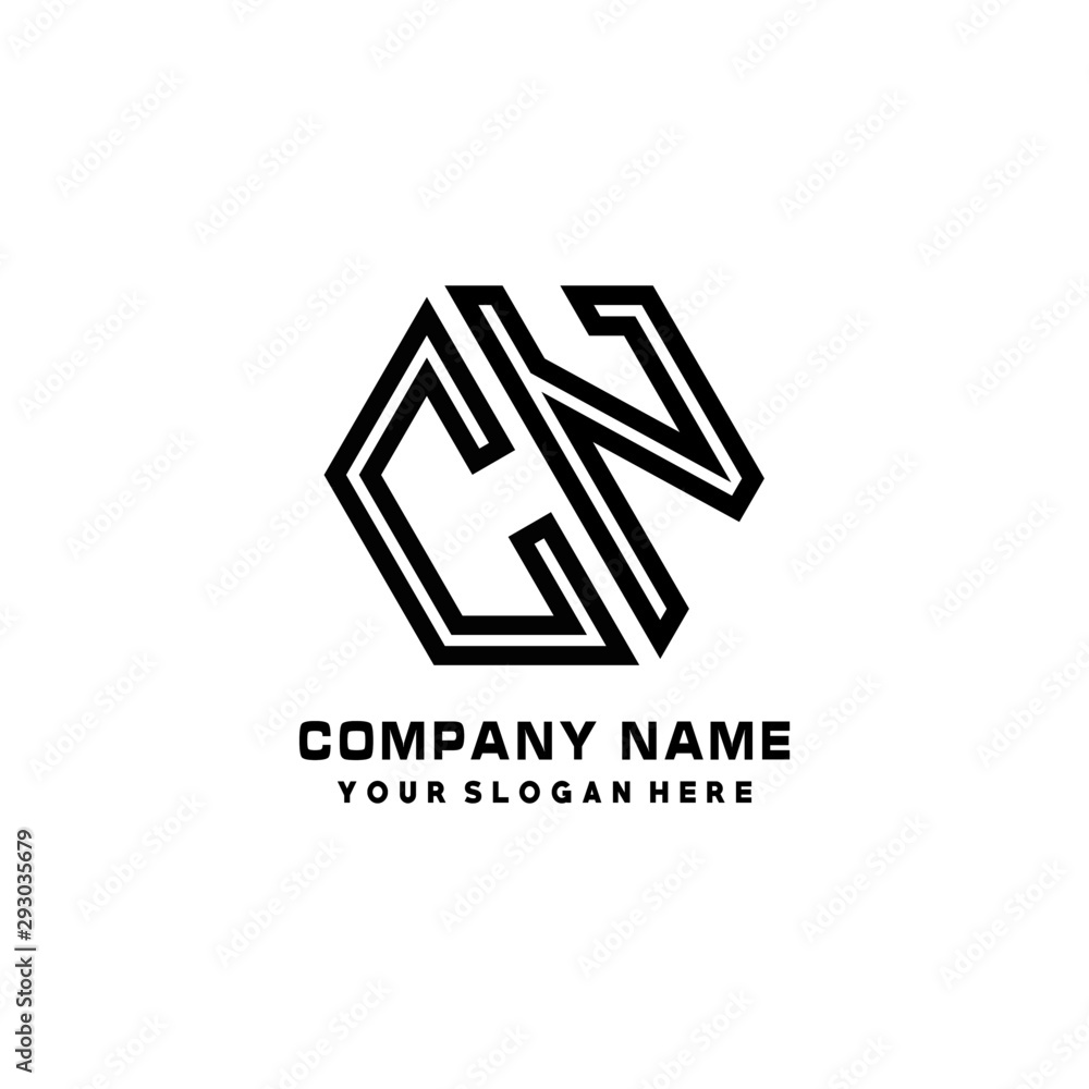 CN initial letters, hexagon logo minimalist art lines, black color CN initial letters, hexagon logo minimalist art lines, black color
