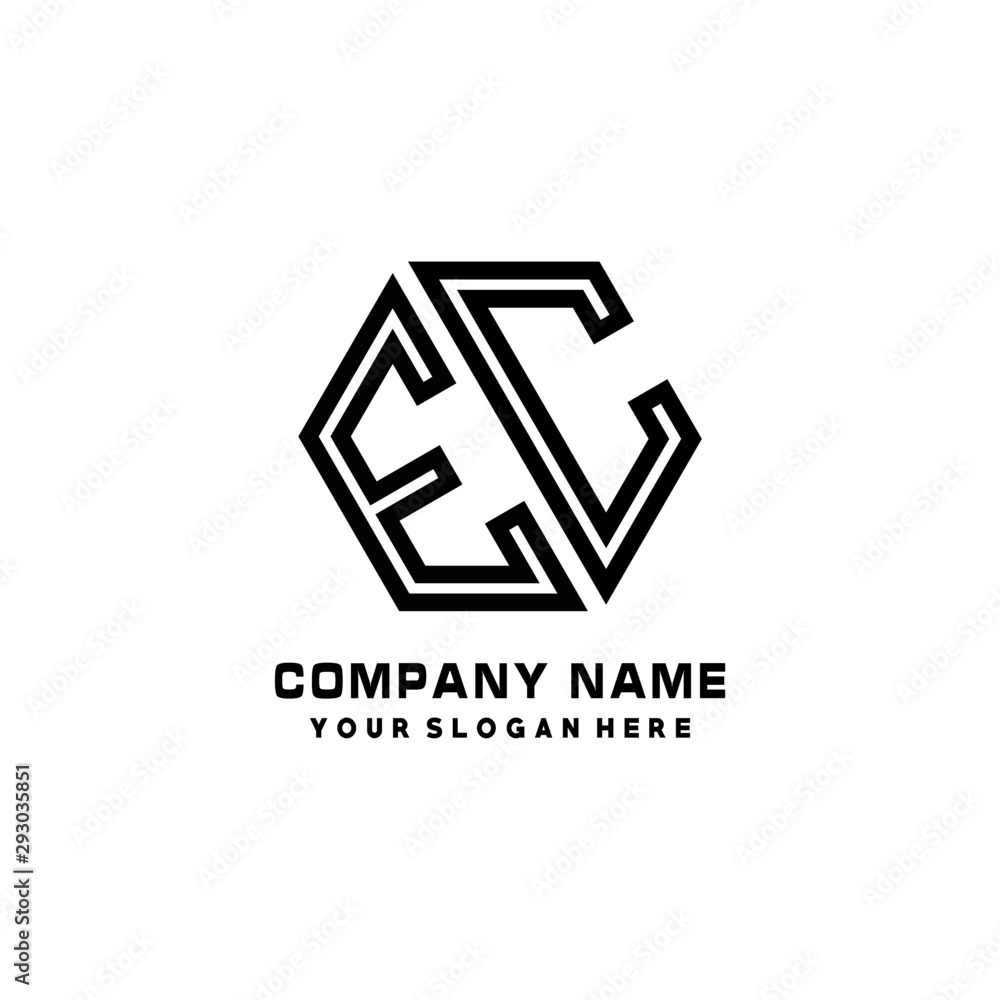 EC initial letters, hexagon logo minimalist art lines, black color EC initial letters, hexagon logo minimalist art lines, black color