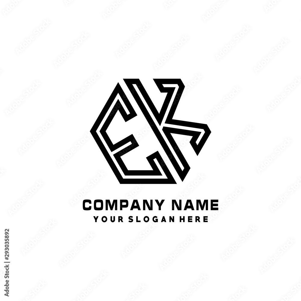 EK initial letters, hexagon logo minimalist art lines, black color