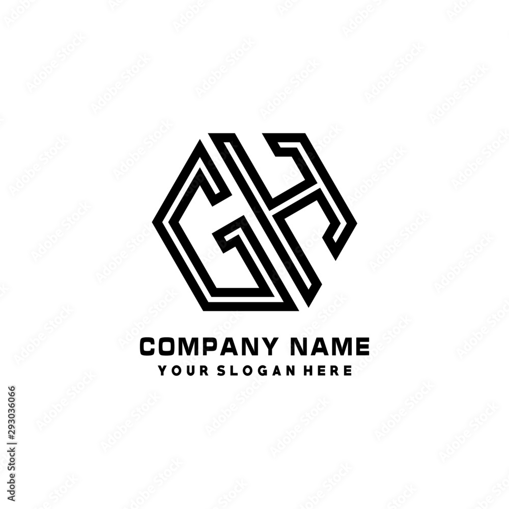 GH initial letters, hexagon logo minimalist art lines, black color