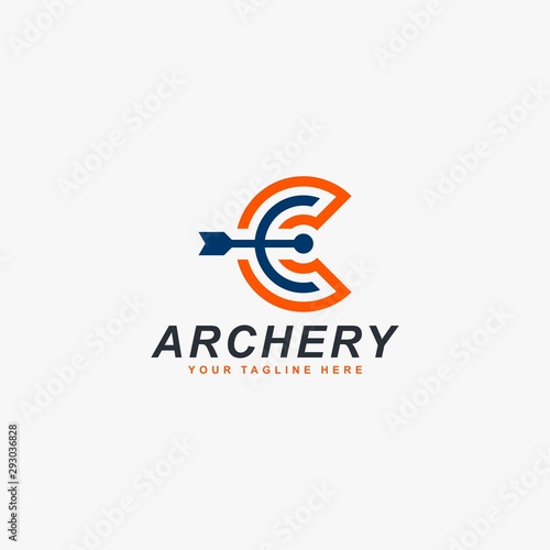 Archery logo design vector. Letter C and bow abstract symbol. Letter C outline logo design. Archery sport vector icon.