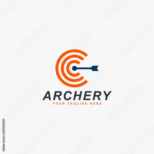 Archery logo design vector. Letter C and bow abstract symbol. Letter C outline logo design. Archery sport vector icon.