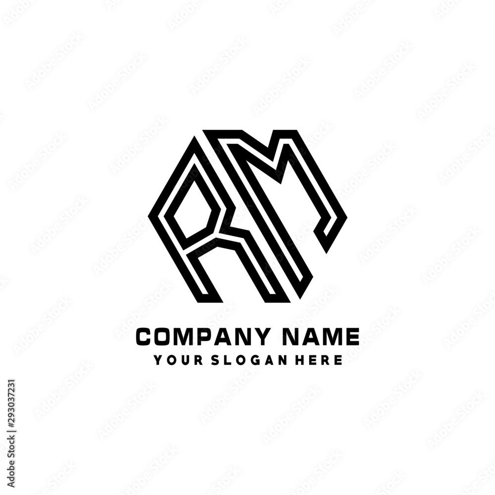 RM initial letters, hexagon logo minimalist art lines, black color RM initial letters, hexagon logo minimalist art lines, black color