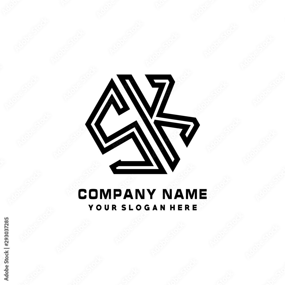 SK initial letters, hexagon logo minimalist art lines, black color SK initial letters, hexagon logo minimalist art lines, black color