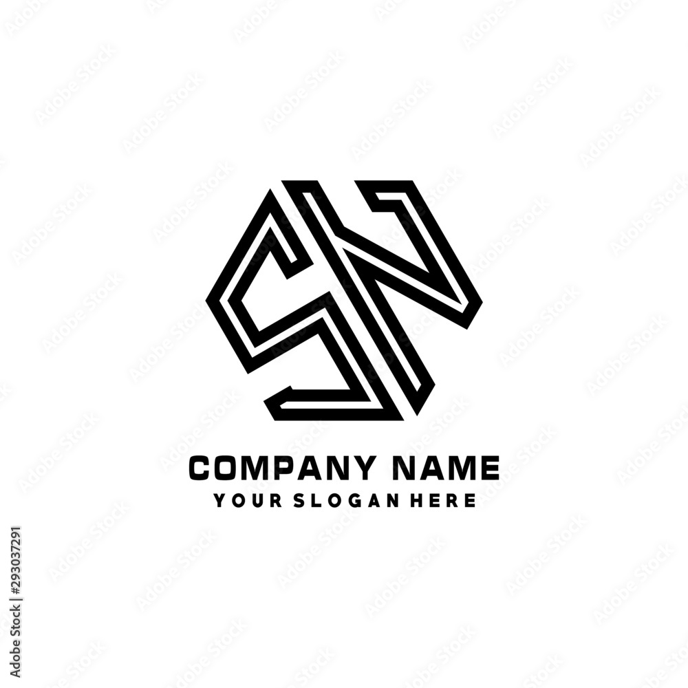SN initial letters, hexagon logo minimalist art lines, black color SN initial letters, hexagon logo minimalist art lines, black color