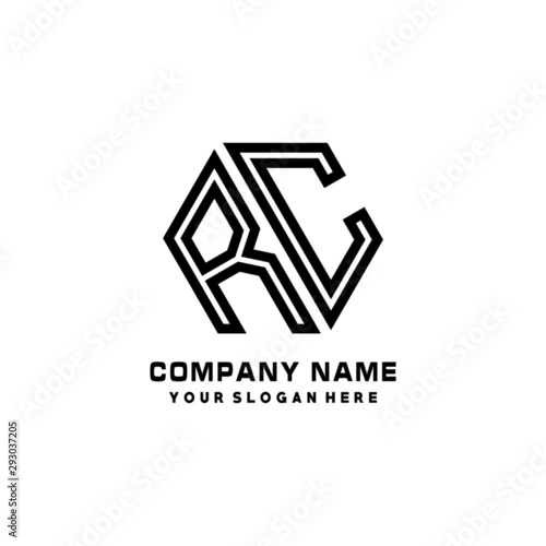 RC initial letters, hexagon logo minimalist art lines, black color