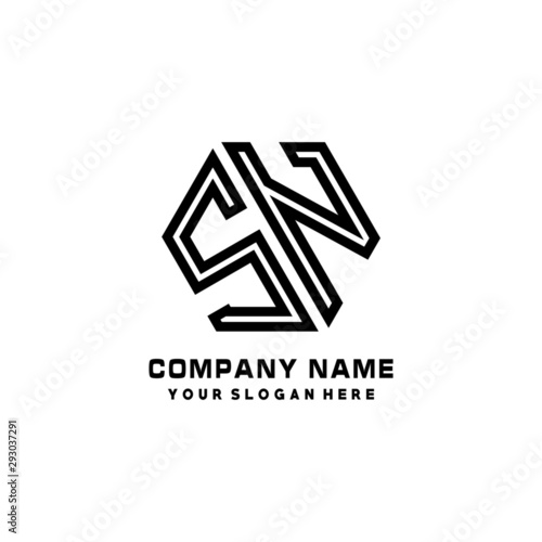 SN initial letters, hexagon logo minimalist art lines, black color