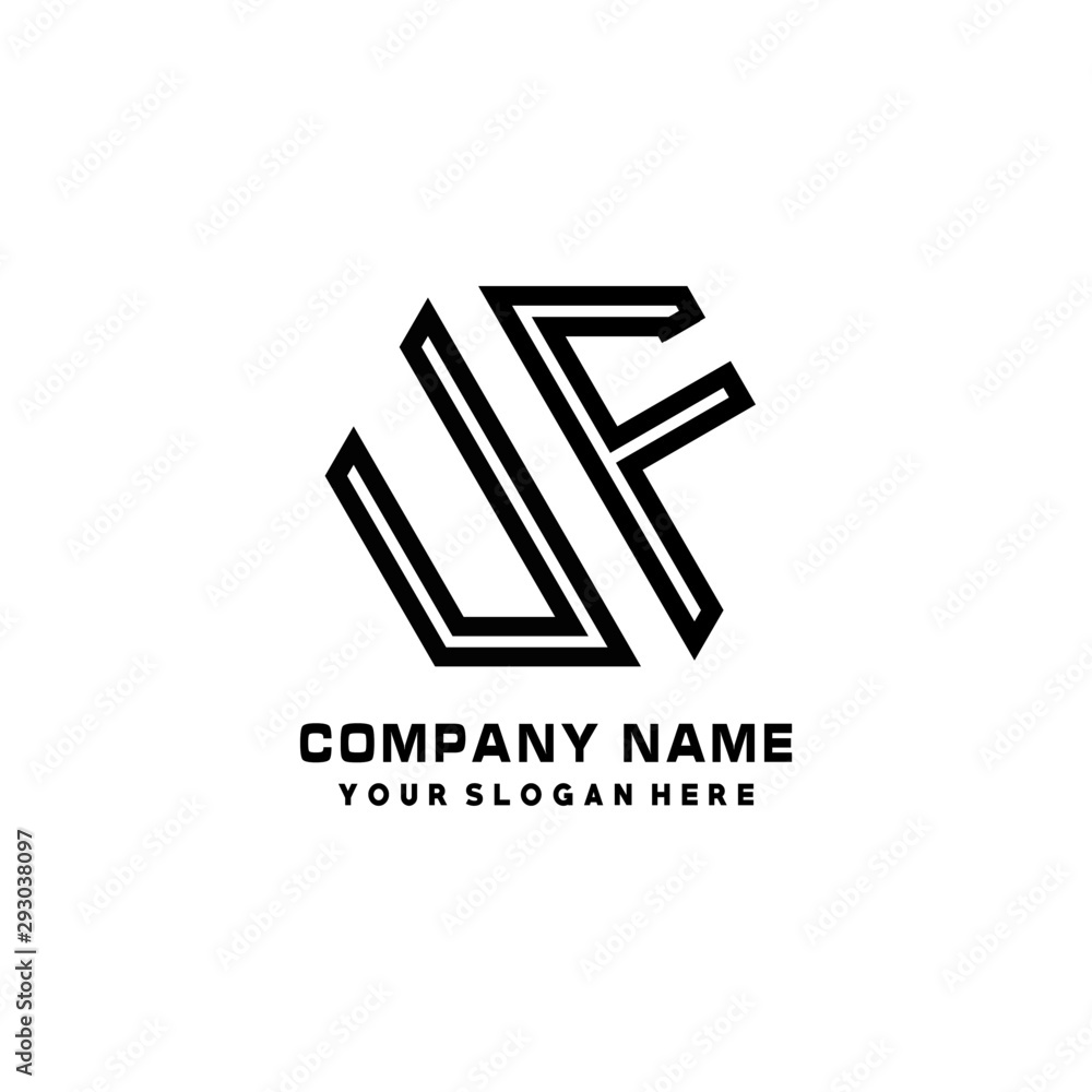 UF initial letters, hexagon logo minimalist art lines, black color UF initial letters, hexagon logo minimalist art lines, black color