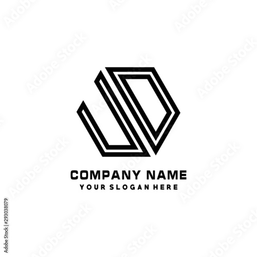 UD initial letters, hexagon logo minimalist art lines, black color