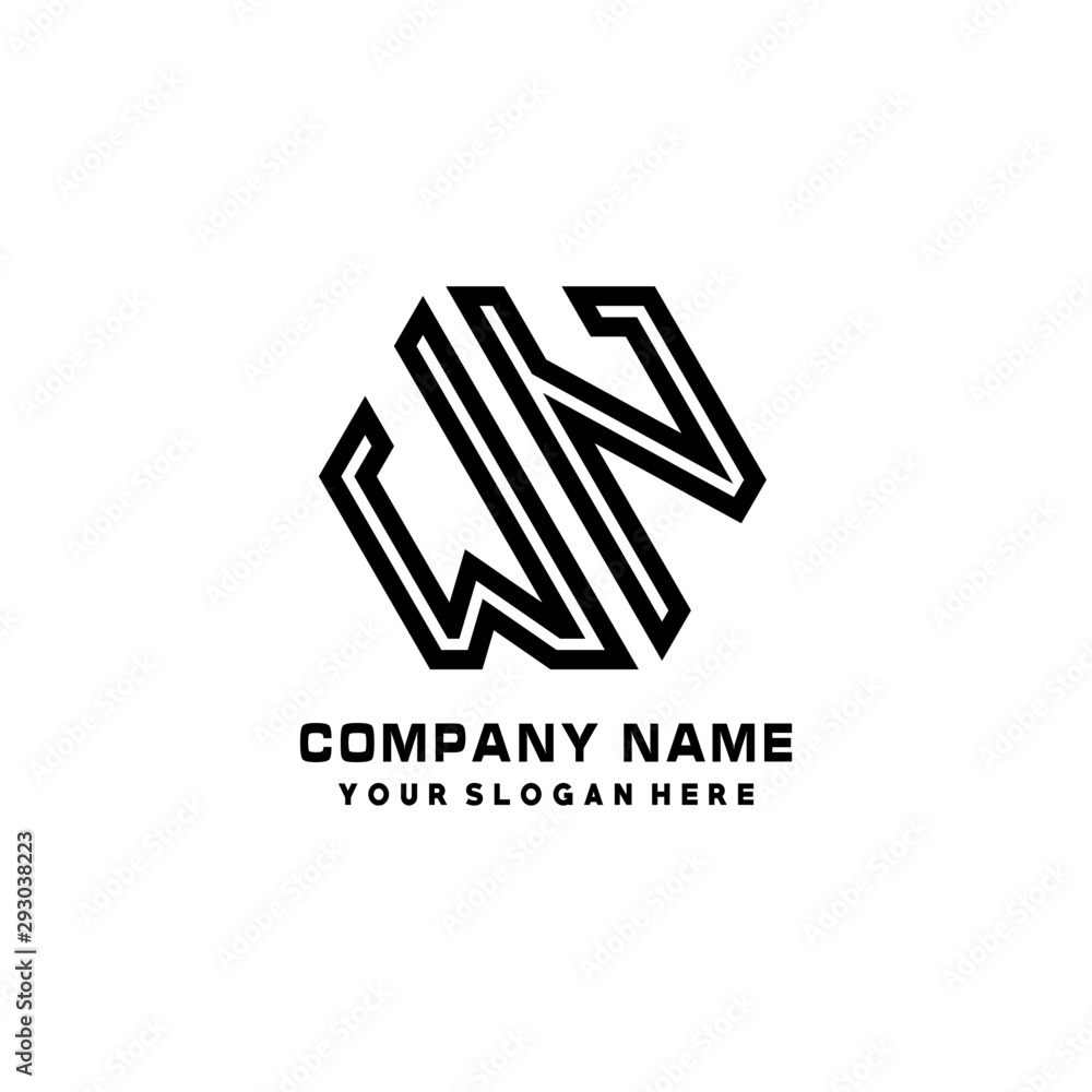 WN initial letters, hexagon logo minimalist art lines, black color WN initial letters, hexagon logo minimalist art lines, black color