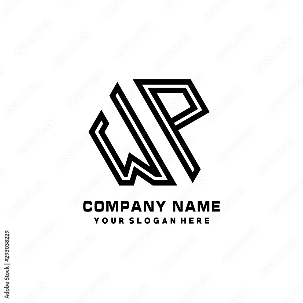 WP initial letters, hexagon logo minimalist art lines, black color WP initial letters, hexagon logo minimalist art lines, black color